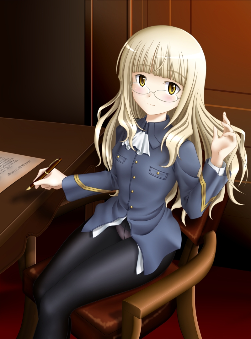 1girl, arm_up, black_legwear, blonde_hair, blush, chair, desk, glasses, long_hair, military, military_uniform, mushoku_no_hourousha, panties, panties_under_pantyhose, pantyhose, pen, perrine_h_clostermann, sitting, solo, strike_witches, underwear, uniform, yellow_eyes