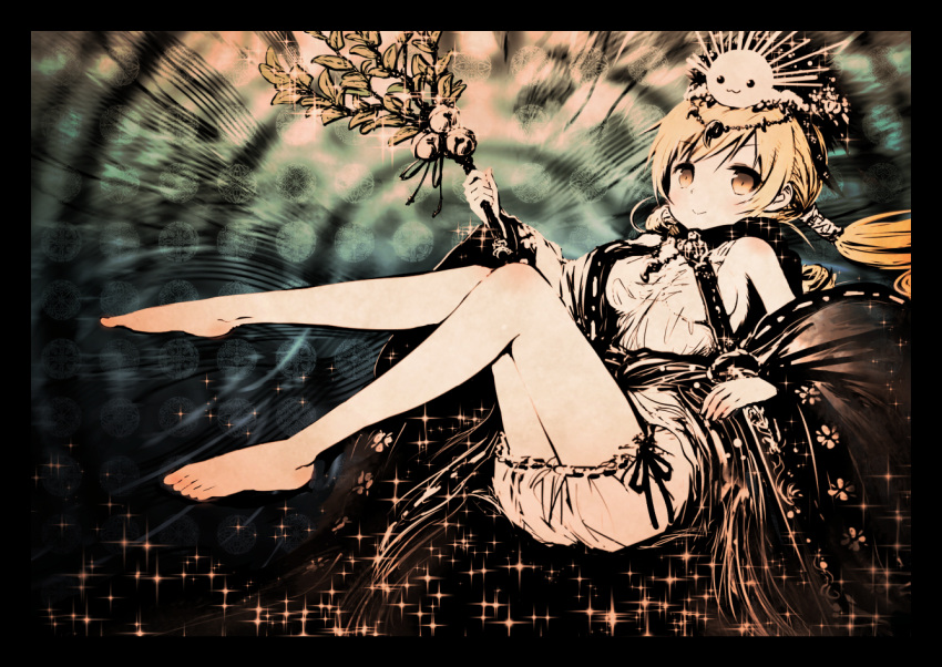 1girl, alternate_hairstyle, bare_legs, bell, bloomers, headdress, jingle_bell, low_twintails