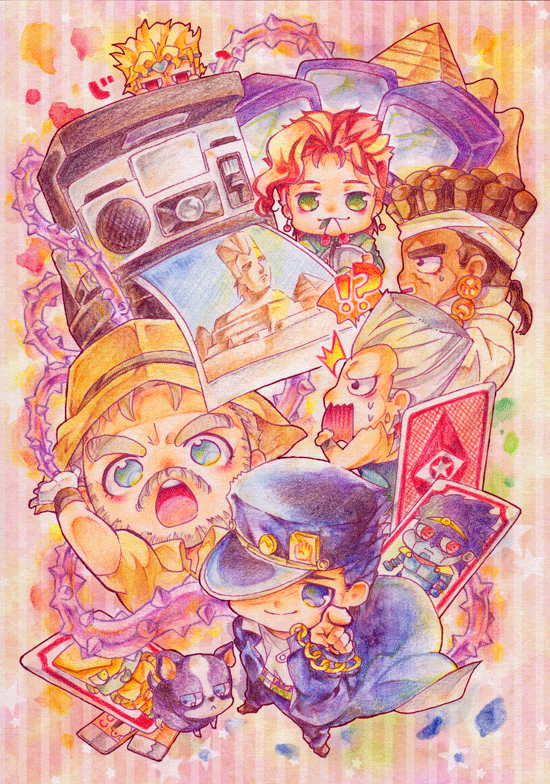 camera, chibi, colored_pencil_(medium), dio_brando, gum, hermit_purple, iggy_(jojo), jean_pierre_polnareff