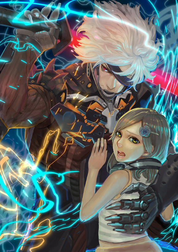 1boy, 1girl, bangs, brown_eyes, clothes_around_waist, cyborg, ear_protection, eyepatch