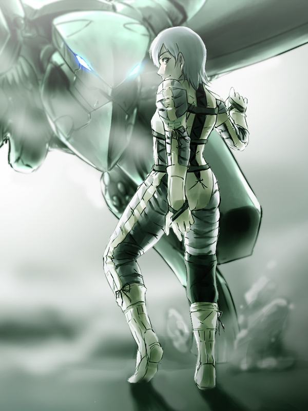 1girl, bodysuit, cosplay, from_behind, glowing, glowing_eyes, ikuyoan, mecha