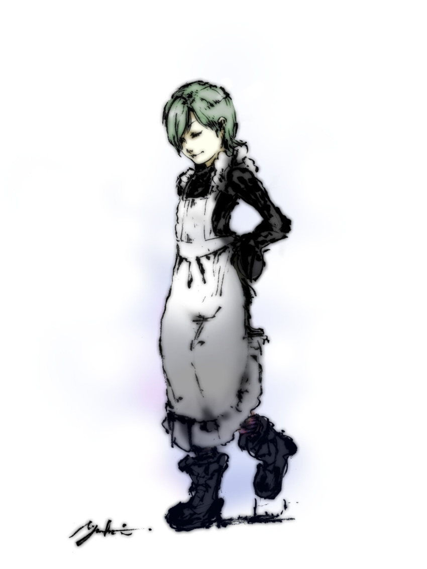1girl, apron, boots, closed_eyes, gumdrop, highres, metal_gear_solid_4, short_hair, shorts, silver_hair, solo, striped, striped_legwear, sunny_gurlukovich, sweater