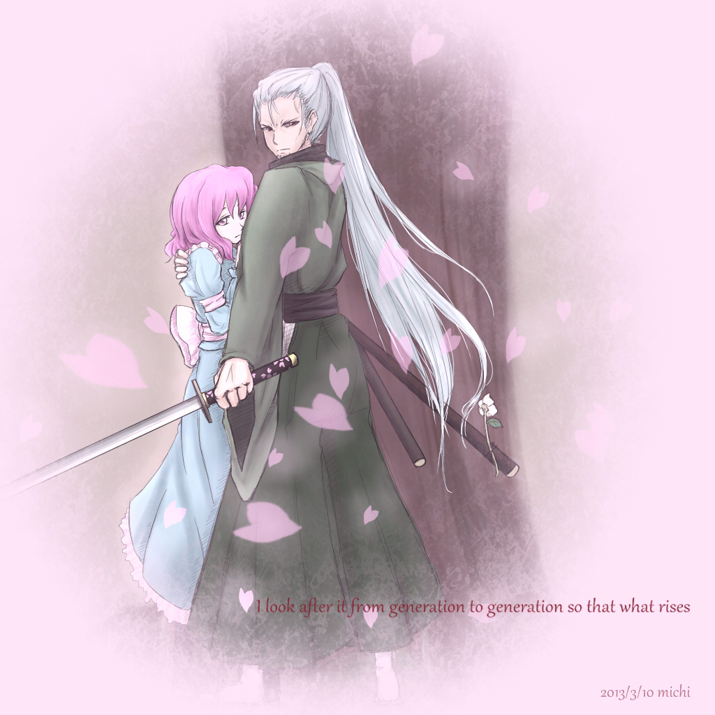 1boy, 1girl, aosiro-michi, artist_name, back, beard, brown_eyes, cherry_blossoms, facial_hair, japanese_clothes, katana, konpaku_youki, long_hair, looking_back, no_hat, no_headwear, obi, petals, pink_eyes, pink_hair, saigyouji_yuyuko, silver_hair, sword, touhou, tree, weapon