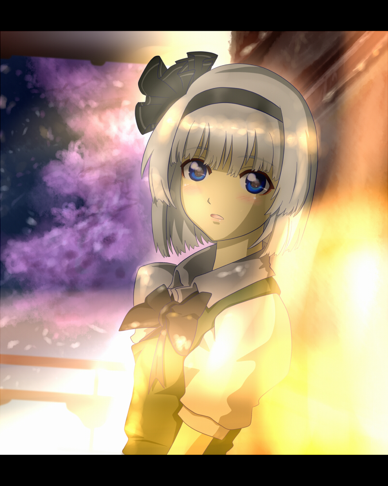 blue_eyes, hairband, konpaku_youmu, ribbon, sarokanten, short_hair, silver_hair, solo