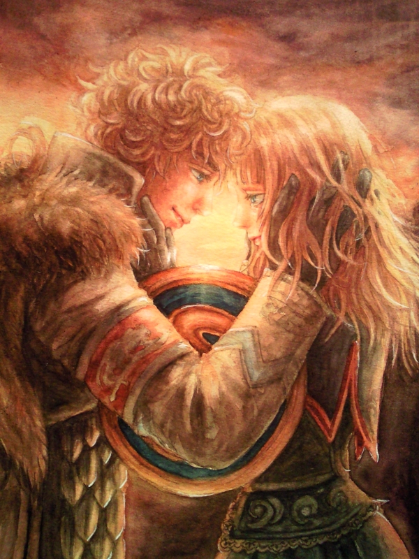 1boy, blonde_hair, brother_and_sister, forehead-to-forehead, morito_leaf9, patroklos_alexander, pyrrha_alexandra, shield