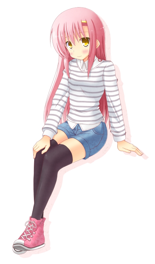 1girl, casual, denim, denim_shorts, female, hayate_no_gotoku!, hinata_mirun, katsura_hinagiku, long_hair, pink_hair, shirt, shoes, shorts, sneakers, solo, striped, striped_shirt, thigh-highs, yellow_eyes