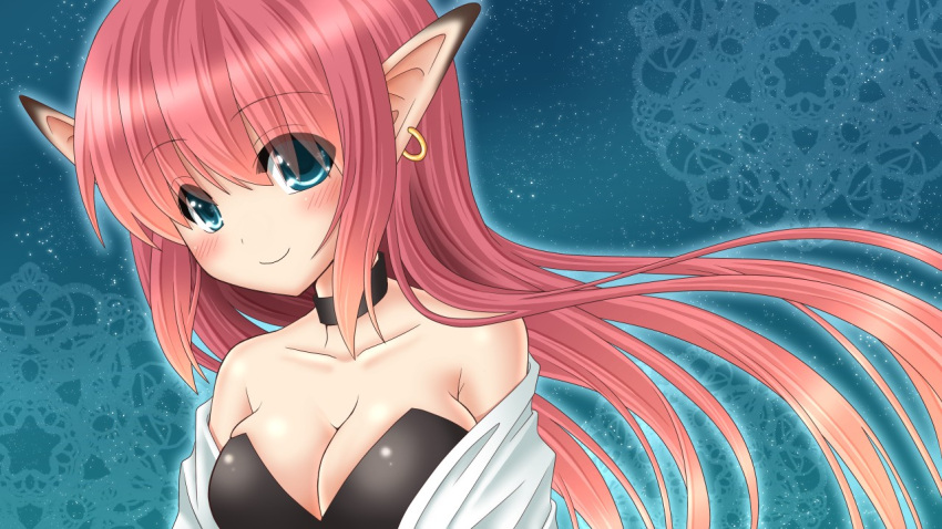 1girl, blue_background, blue_eyes, choker, earrings, fal_(psiv), jewelry, long_hair, phantasy_star, phantasy_star_iv, pinbani, pink_hair, pointy_ears, smile, solo