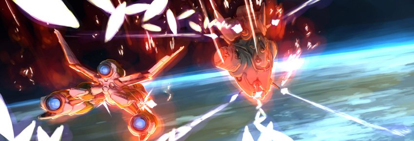 aerial_battle, battle, blazing_star, dogfight, highres, jason_robinson, no_humans, planet, science_fiction, space, space_craft, starfighter