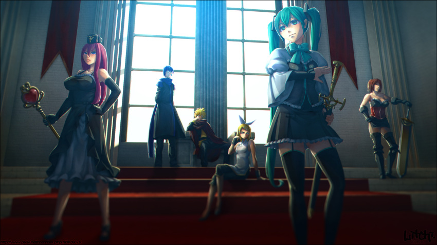 2boys, 4girls, blonde_hair, blue_hair, bowtie, brown_hair, crossed_legs, dress