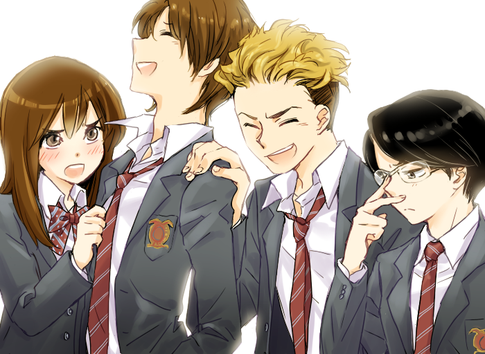 4boys, black_hair, blazer, blonde_hair, brown_eyes, brown_hair, crossdressinging, dress_shirt