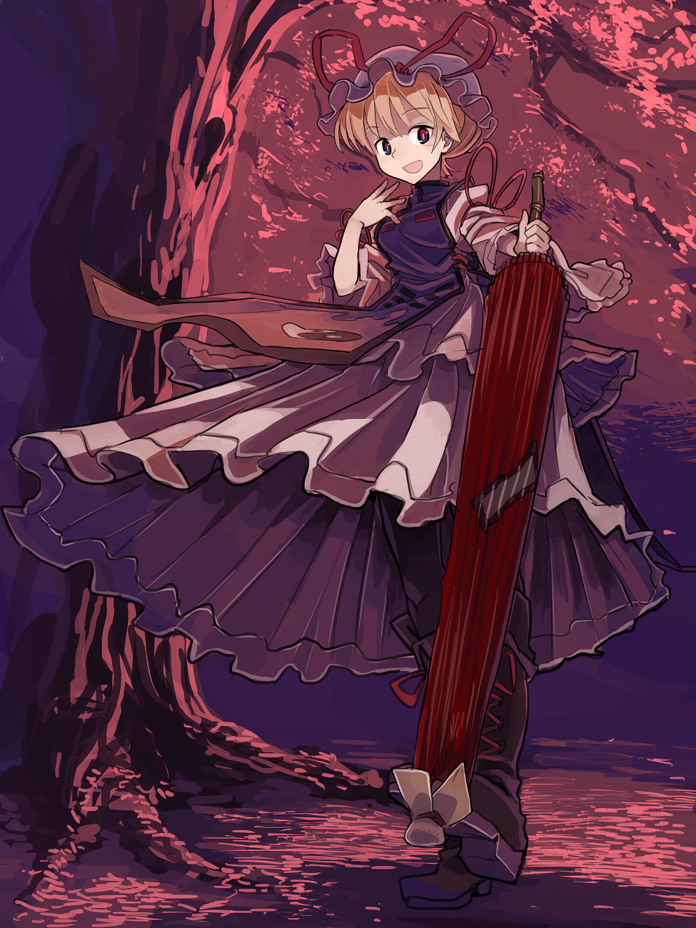 1girl, black_legwear, blonde_hair, boots, closed_umbrella, hat, hat_ribbon, highres, juliet_sleeves, juraki_hakuaki, long_sleeves, open_mouth, pantyhose, puffy_sleeves, ribbon, short_hair, smile, solo, standing, tabard, touhou, tree, umbrella, upskirt, violet_eyes, wide_sleeves, yakumo_yukari