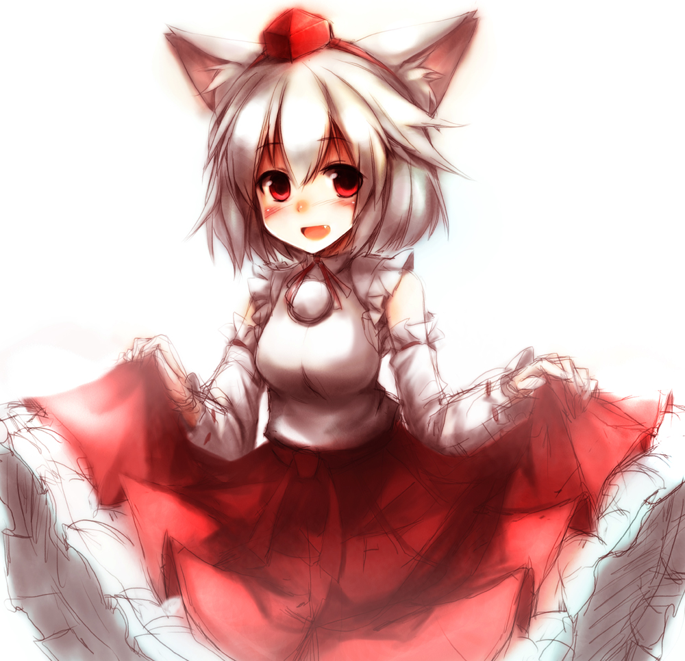 1girl, animal_ears, bare_shoulders, blush, curtsey, detached_sleeves, fang, hat, inubashiri_momiji, looking_at_viewer, open_mouth, red_eyes, rough, sea_(lordofk), short_hair, silver_hair, simple_background, smile, tokin_hat, touho, touhou, usolo, white_background, wolf_ears