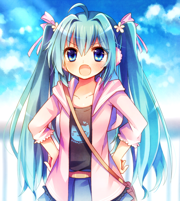 1girl, ahoge, aqua_hair, bag, belt, blue_eyes, clouds, earmuffs, fang, hair_ribbon, hands_on_hips, hatsune_miku, long_hair, moe_on_drop, open_mouth, purse, ribbon, sky, solo, twintails, vocaloid