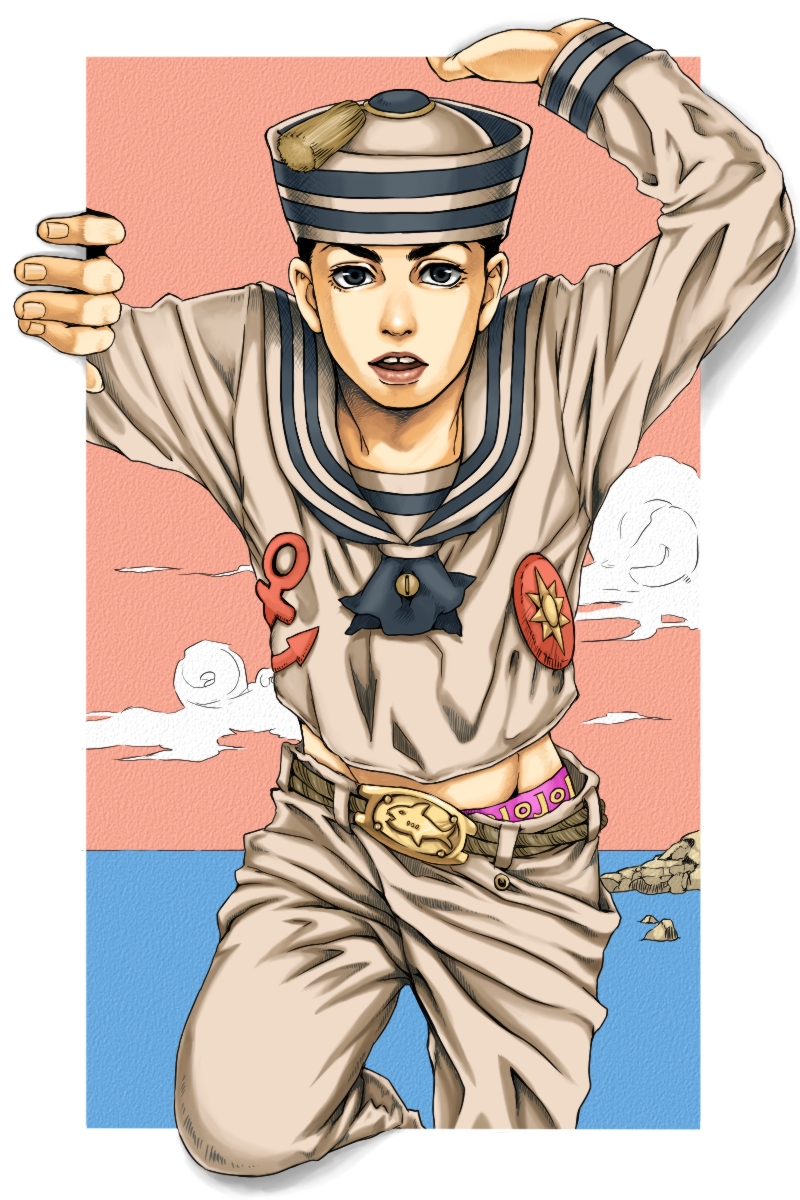 1boy, black_hair, blackzizi, dixie_cup_hat, hat, higashikata_jousuke_(jojolion), jojo_no_kimyou_na_bouken, jojolion