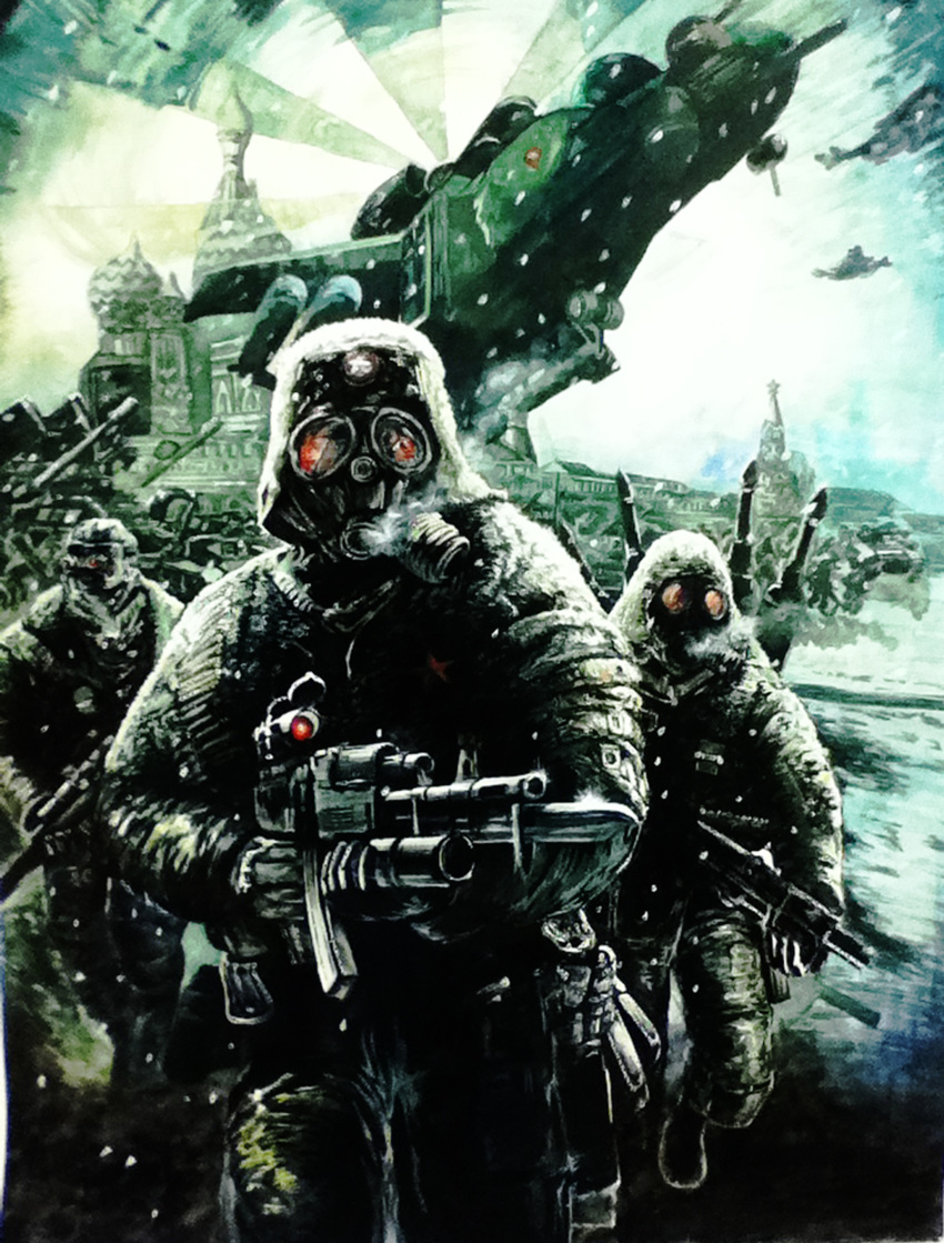 absurdres, bayonet, bsmarck, clouds, gas_mask, grenade_launcher, gun, highres