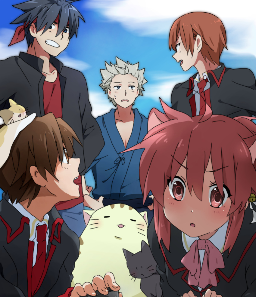 1girl, 4boys, animal_on_head, cat, cat_on_head, doruji, hapoa, inohara_masato