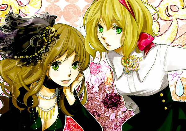 axis_powers_hetalia, bad_id, belgium_(hetalia), blonde_hair, breasts, brown_hair, cleavage, green_eyes, hair_ornament, hair_ribbon, hat, hungary_(hetalia), jewelry, long_hair, multiple_girls, necklace, ribbon, short_hair, yusarazu