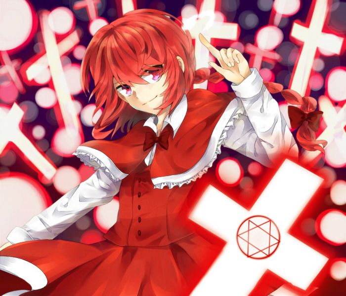 1girl, bowtie, capelet, cross, danmaku, dress, okazaki_yumemi, red_eyes, redhead, smile, solo, touhou, touhou_(pc-98), tsukikusa