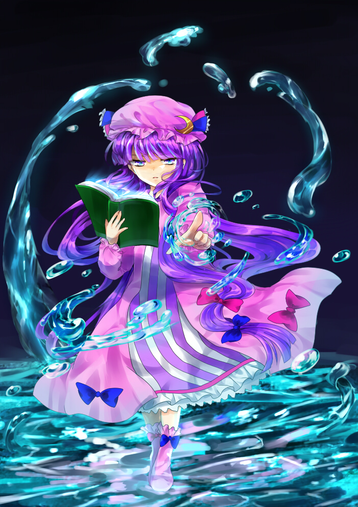 1girl, blue_eyes, book, crescent, dark_background, dress, frown, hair_ribbon