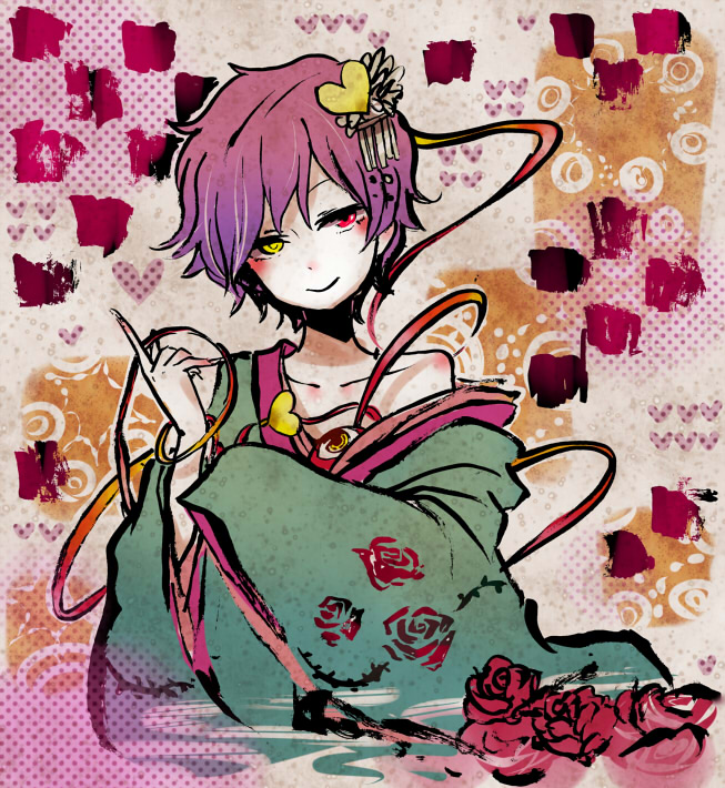 1girl, eyeball, hair_ornament, heart, heterochromia, komeiji_satori, parmesan_(168n), purple_hair
