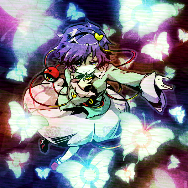 1girl, butterfly, dress, eyeball, hairband, heart, komeiji_satori, looking_at_viewer