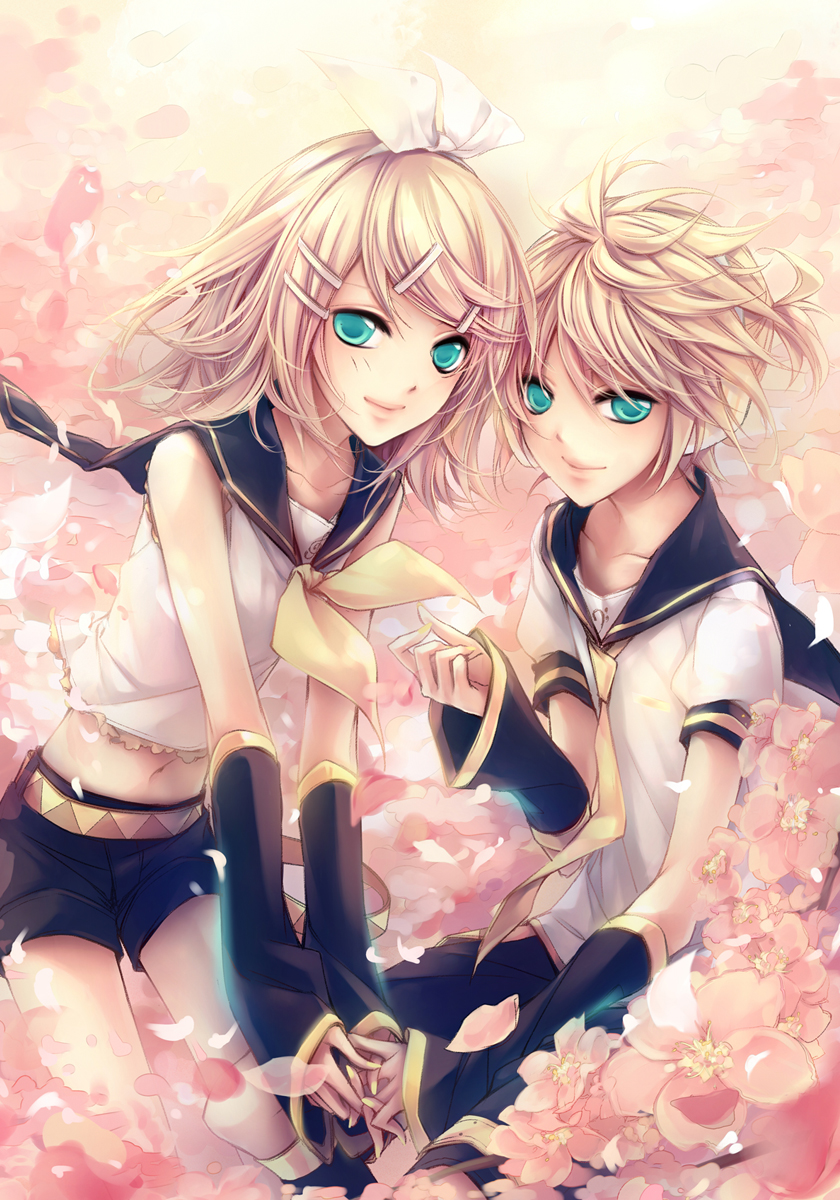 1boy, 1girl, aqua_eyes, blonde_hair, bow, detached_sleeves, flower, hair_bow, hair_ornament, hairclip, kagamine_len, kagamine_rin, looking_at_viewer, midriff, navel, petals, sailor_collar, short_hair, shorts, siblings, smile, twins, vocaloid, yksaki