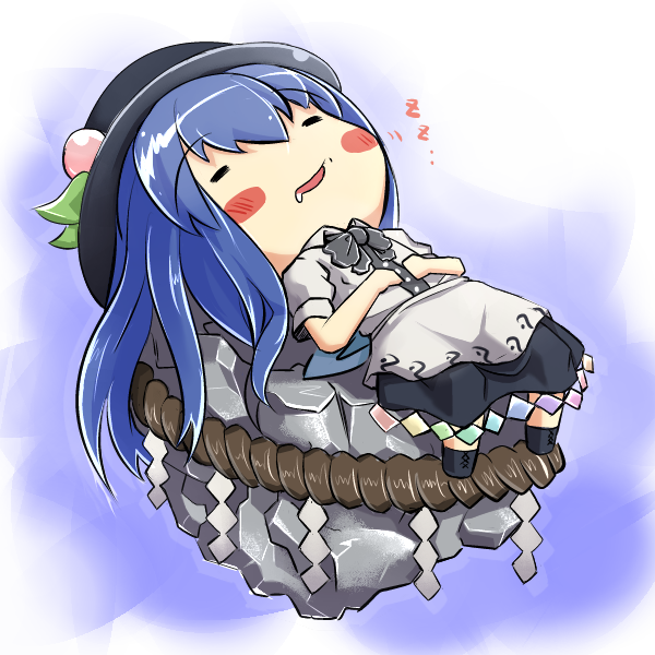 1girl, blue_hair, blush_stickers, chibi, closed_eyes, dress, food, fruit