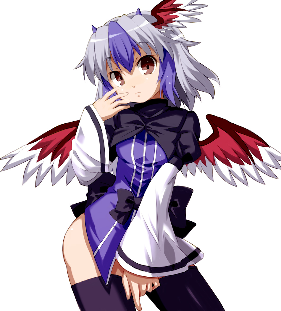 1girl, ass, bird_wings, black_legwear, blue_hair, bottomless, brown_eyes, capelet, head_wings, long_sleeves, looking_at_viewer, multicolored_hair, ozaki_(ko-zaki), shirt, silver_hair, simple_background, solo, thigh-highs, tokiko_(touhou), touhou, two-tone_hair, white_background, wide_sleeves