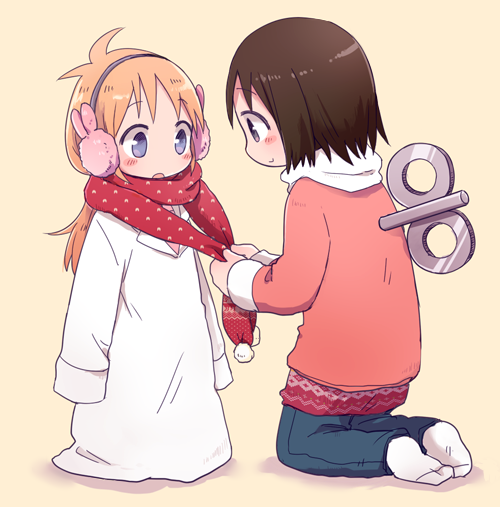 2girls, 50yen, black_eyes, black_hair, blonde_hair, blue_eyes, blush, bunny_earmuffs, earmuffs, labcoat, long_hair, multiple_girls, nichijou, open_mouth, oversized_clothes, professor_shinonome, scarf, shinonome_nano, short_hair, simple_background, sleeves_past_wrists, smile, winding_key