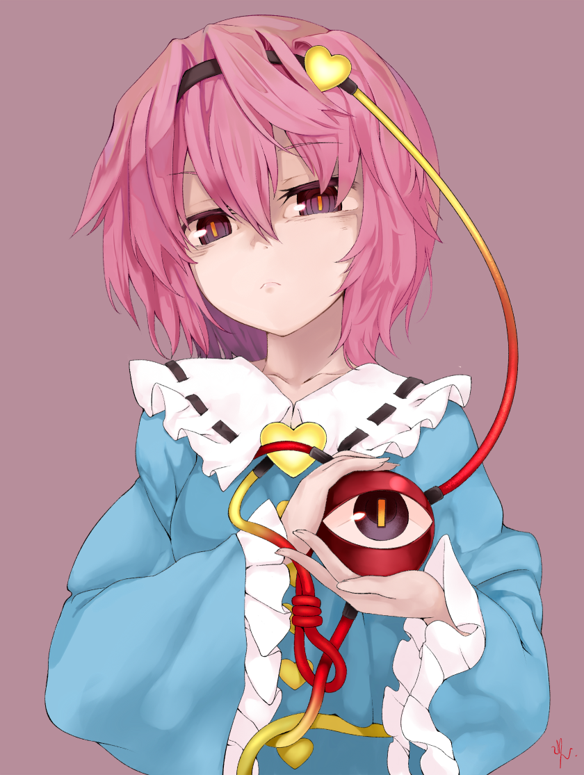 1girl, hairband, heart, komeiji_satori, looking_at_viewer, pink_hair, short_hair, simple_background