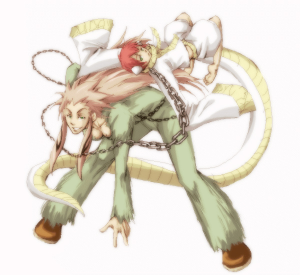 2girls, bleach, bleach:_zanpakutou_ibun_hen, breasts, chain, fur, green_eyes, mozukuzukuzuku, multiple_girls, pink_hair, redhead, senbonzakura, simple_background, tail, zabimaru