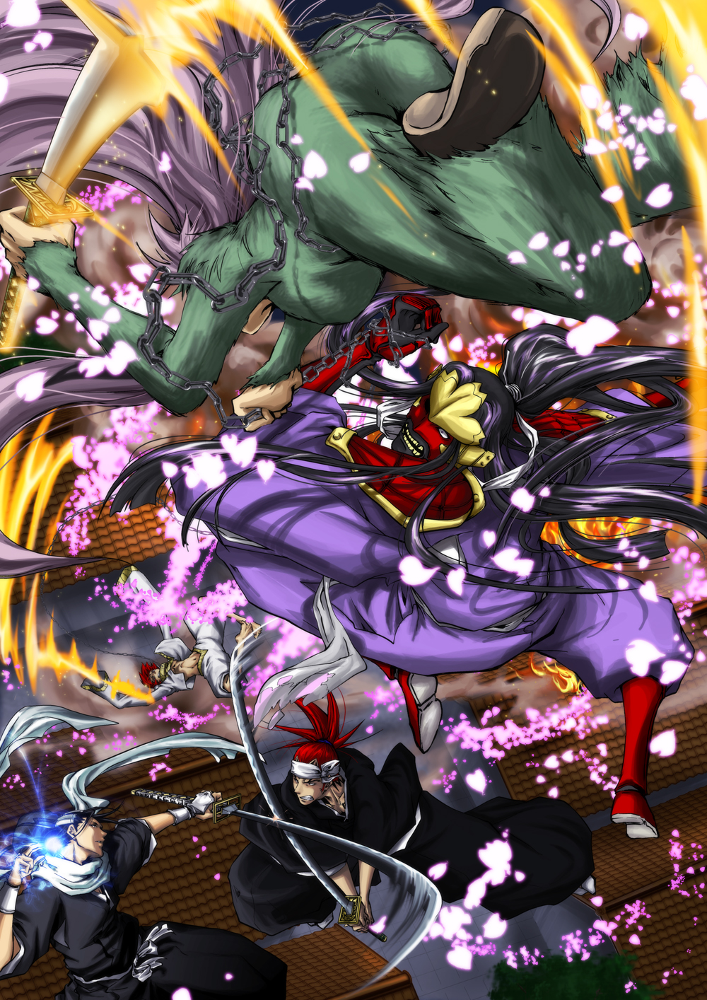 abarai_renji, battle, black_hair, bleach, bleach:_zanpakutou_ibun_hen, chair, cherry_blossoms, fire