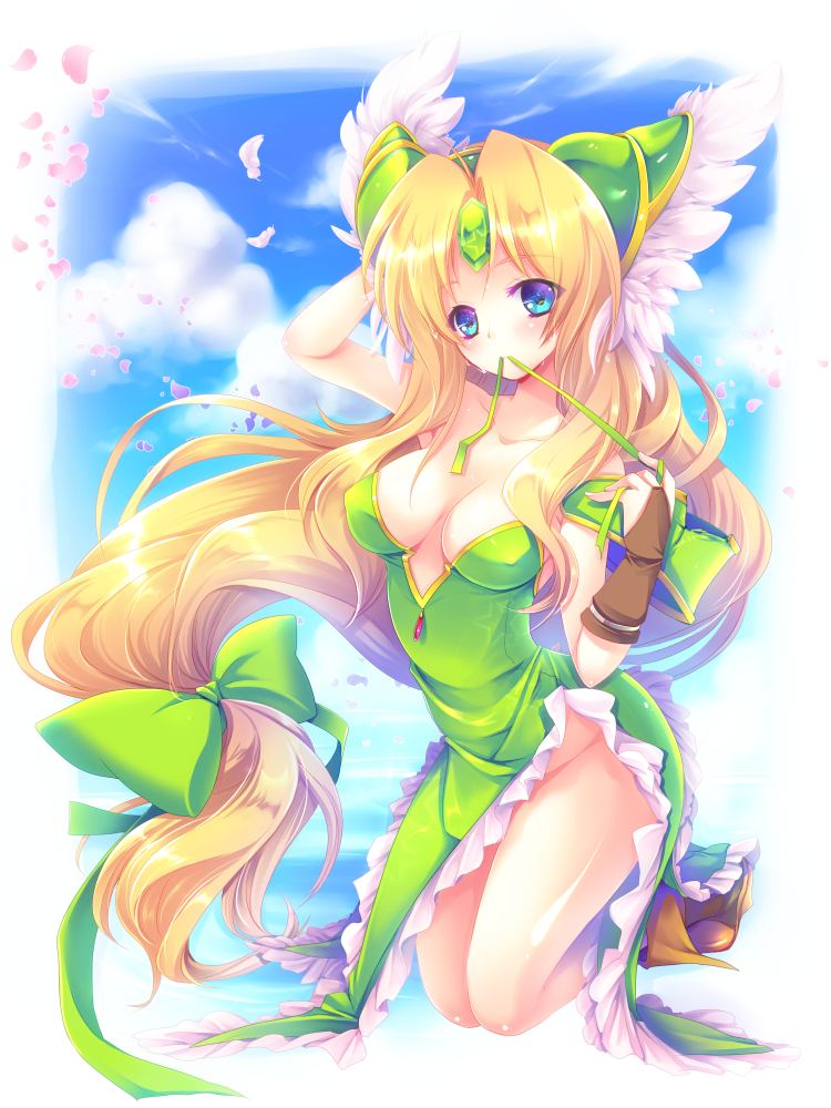 1girl, ahoge, bare_legs, bare_shoulders, blonde_hair, blue_eyes, blush, boots