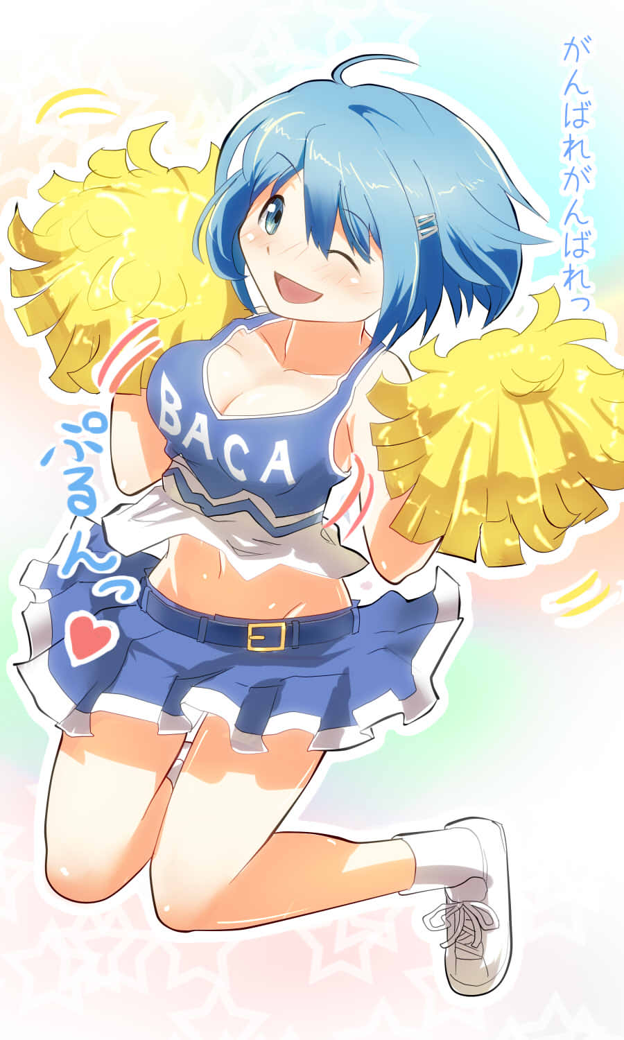 1girl, ace_(hyper_otintin_time), blue_hair, blush, breasts, cheerleader, highres, long_hair