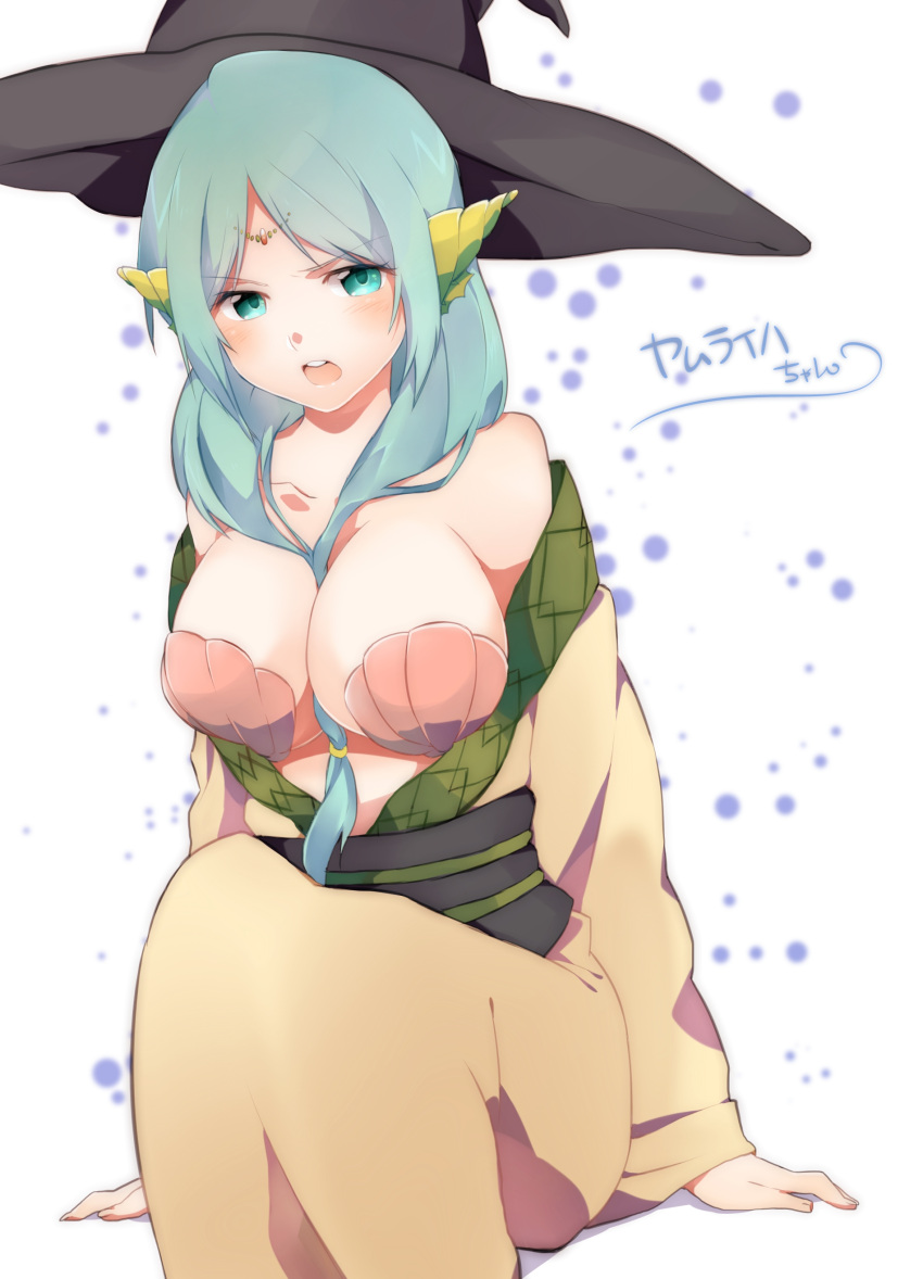 1girl, absurdres, aqua_eyes, aqua_hair, bare_shoulders, between_breasts, blush, breasts, hat, highres, large_breasts, long_hair, magi_the_labyrinth_of_magic, open_mouth, petagon, shell, shell_bikini, sitting, solo, witch_hat, yamuraiha