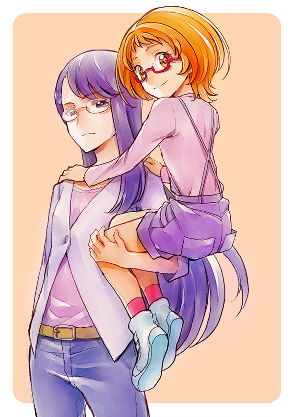 2girls, belt, carrying, glasses, heartcatch_precure!, kurocchirokko, long_hair, looking_at_viewer
