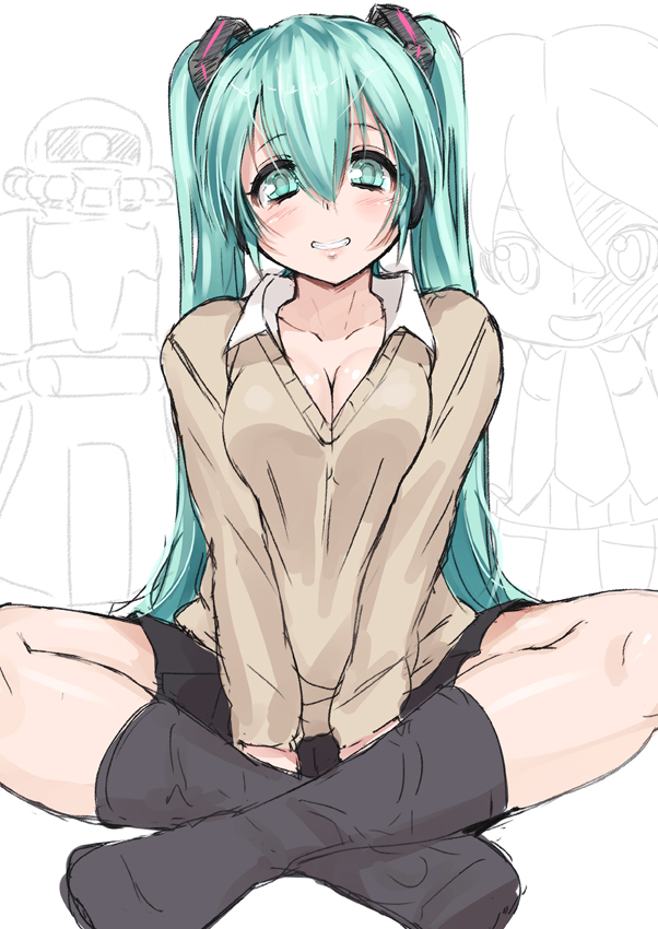 green_eyes, green_hair, grin, gundam, hatsune_miku, indian_style, konoma, long_hair