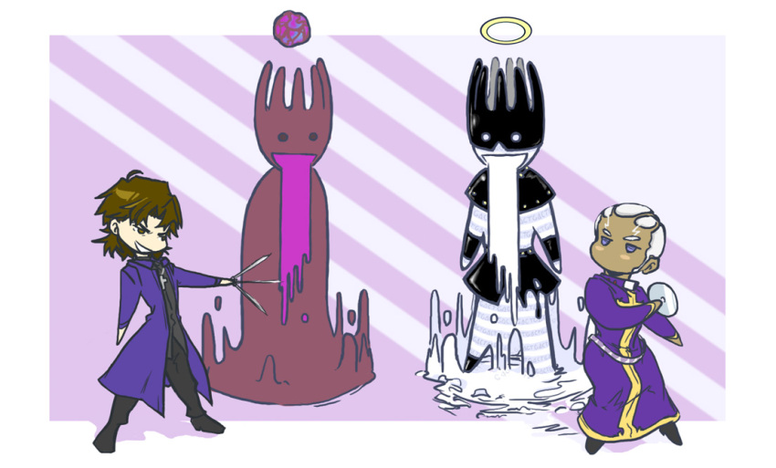 adhemas, black_keys, bluss_stice=k4boys, carnival_phantasm, cd, chibi, crossover, dark_skin, drooling, enrico_pucci, fate/stay_night, fate_(series), grail-kun, halo, jojo_no_kimyou_na_bouken, kotomine_kirei, multiple_boys, stand_(jojo), striped, whitesnake_(stand)