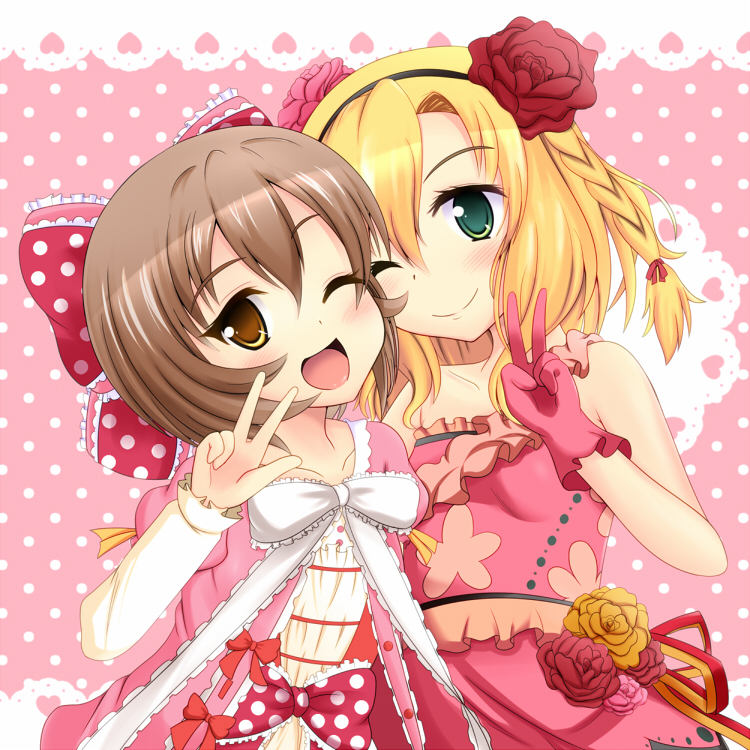 2girls, bare_shoulders, blonde_hair, braid, brown_eyes, brown_hair, dress, flower