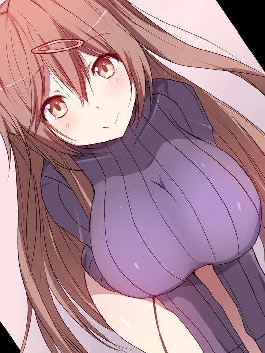 1girl, bent_over, breasts, brown_eyes, brown_hair, chuunibyou_demo_koi_ga_shitai!, der_(derm9), hair_ornament, hairclip, large_breasts, long_hair, nibutani_shinka, sweater