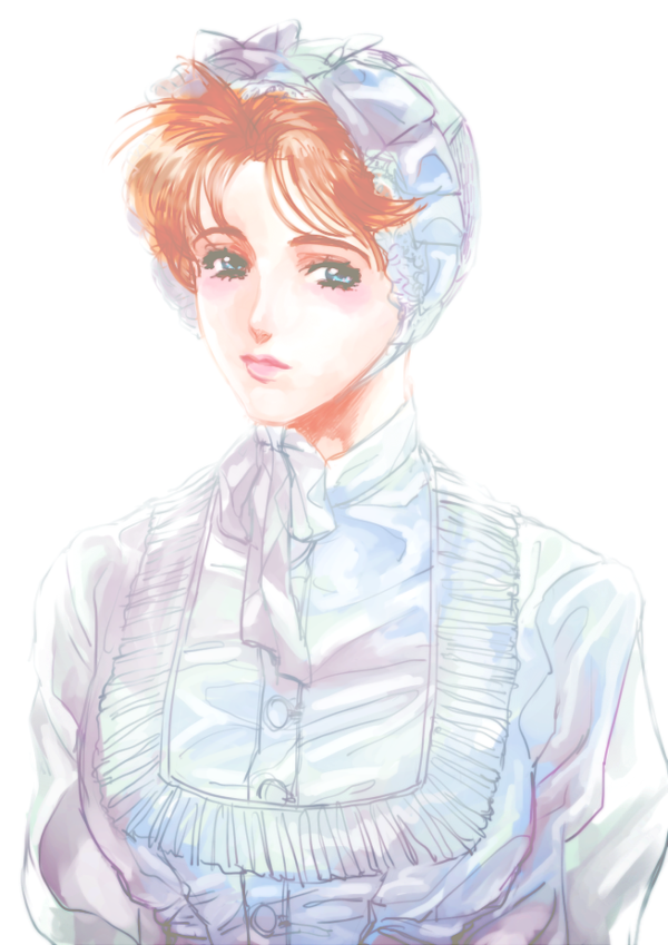 1boy, blue_eyes, blush, bonnet, brown_hair, dress, genderswap, hat