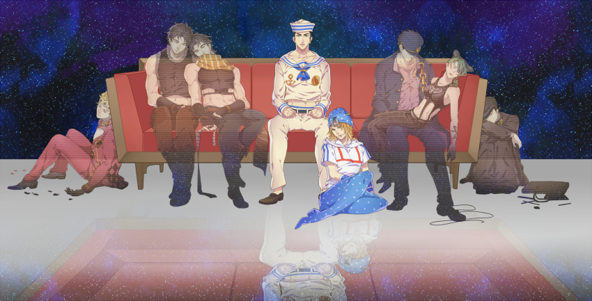 a821, beanie, black_hair, blonde_hair, couch, dixie_cup_hat, giorno_giovanna, hat