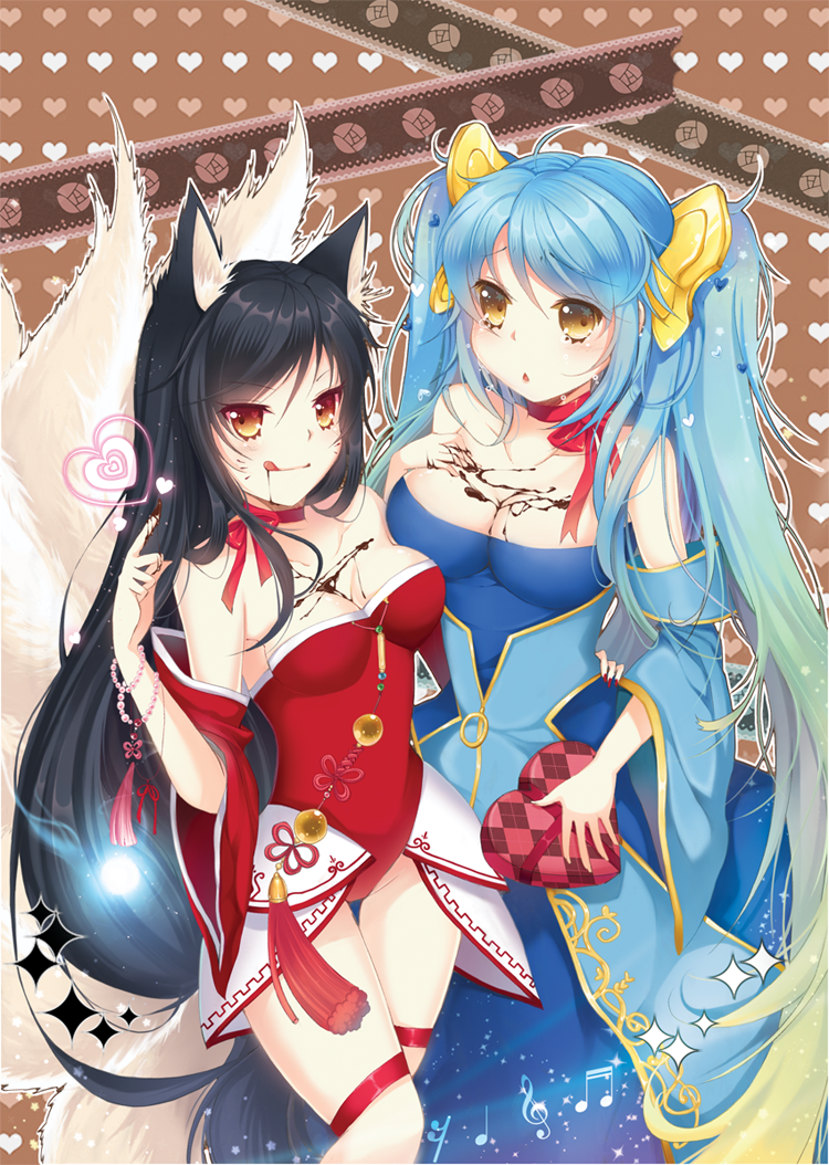 2girls, :d, :o, ahri, alternate_eye_color, animal_ears, aqua_hair, bare_shoulders, black_hair, blonde_hair, blush, bracelet, breasts, chocolate, cleavage, detached_sleeves, dress, facial_mark, fingernails, fox_ears, fox_tail, gift, gradient_hair, hair_ornament, heart, jewelry, league_of_legends, leg_ribbon, licking_lips, long_hair, maydream, multicolored_hair, multiple_girls, multiple_tails, musical_note, nail_polish, open_mouth, orange_eyes, ribbon, smile, sona_buvelle, tail, tongue, twintails, valentine, yellow_eyes