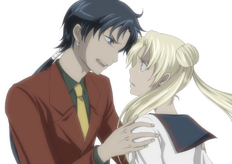 1boy, 1girl, angry, bishoujo_senshi_sailor_moon, black_hair, blonde_hair, formal, hair_bun, hand_on_shoulder, looking_at_another, moonlight_0423, necktie, school_uniform, seiya_kou, serafuku, suit, tears, tsukino_usagi, white_background