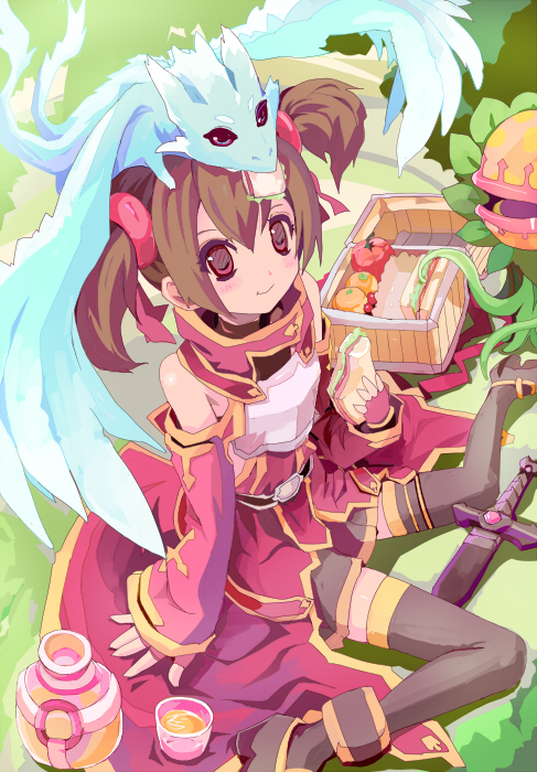 1girl, breastplate, brown_hair, dragon, dragon_on_head, eating, fingerless_gloves, gloves