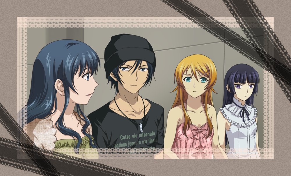 1boy, 3girls, beanie, frame, french, gokou_ruri, hat, jewelry, kousaka_kirino, kousaka_kyousuke, last, makishima_saori, multiple_girls, necklace, ore_no_imouto_ga_konna_ni_kawaii_wake_ga_nai, toryi