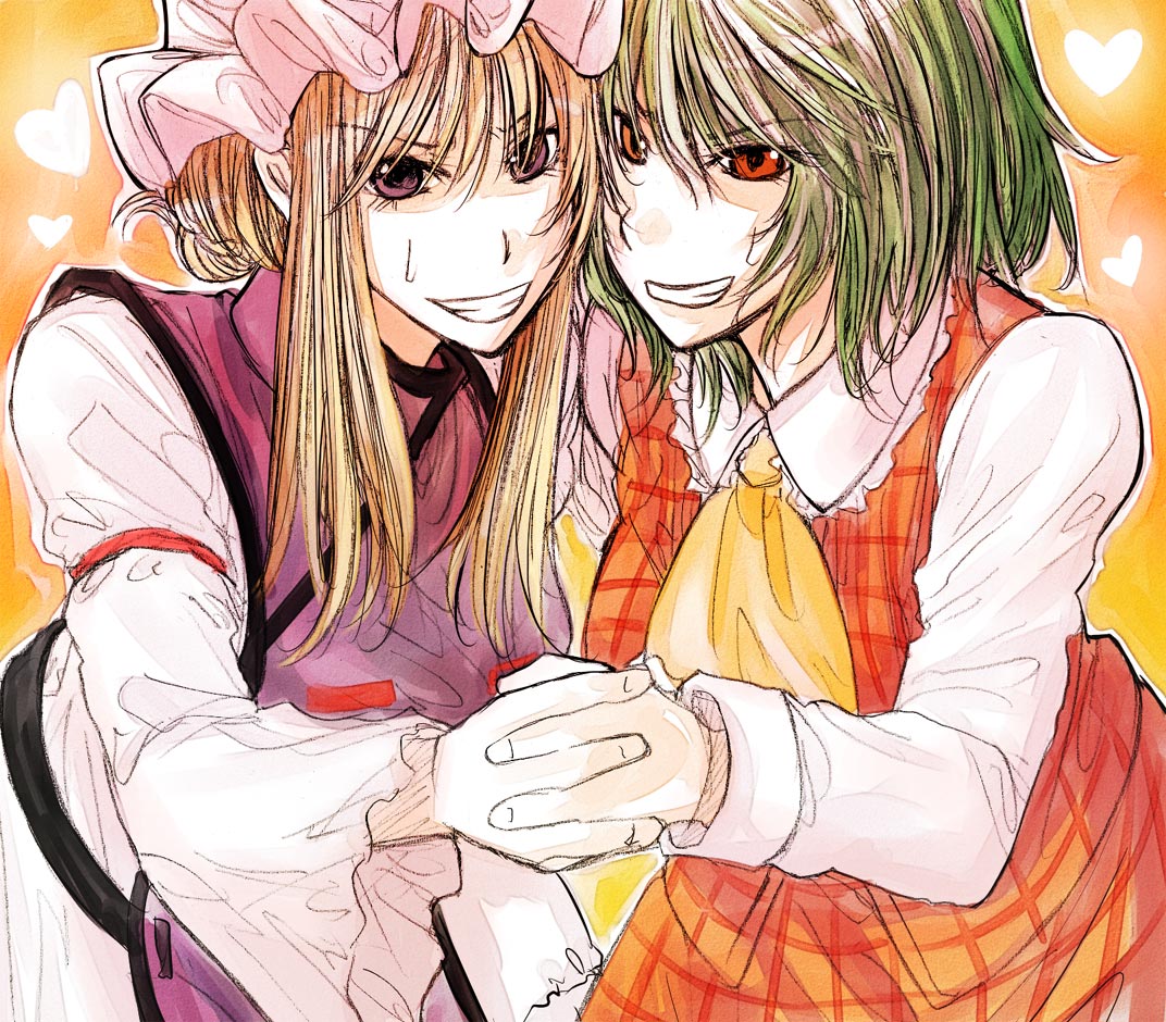 ascot, blonde_hair, cheek_to_cheek, clenched_teeth, green_hair, grin, hands, hat