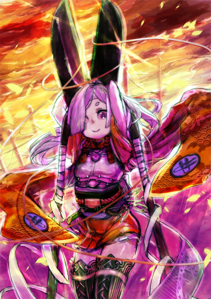 1girl, armor, belt, clouds, hair_ribbon, leaf, long_hair, mayoko