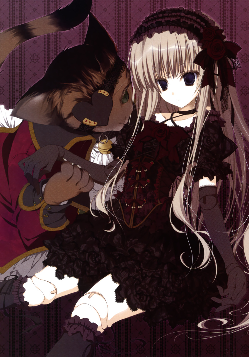 1girl, absurdres, black_legwear, blue_eyes, cat, doll_joints, elbow_gloves, eyepatch, frilled_legwear, giant_cat, gloves, grey_hair, headband, heart_eyepatch, highres, inugami_kira, lolita_fashion, long_hair, thigh-highs, very_long_hair