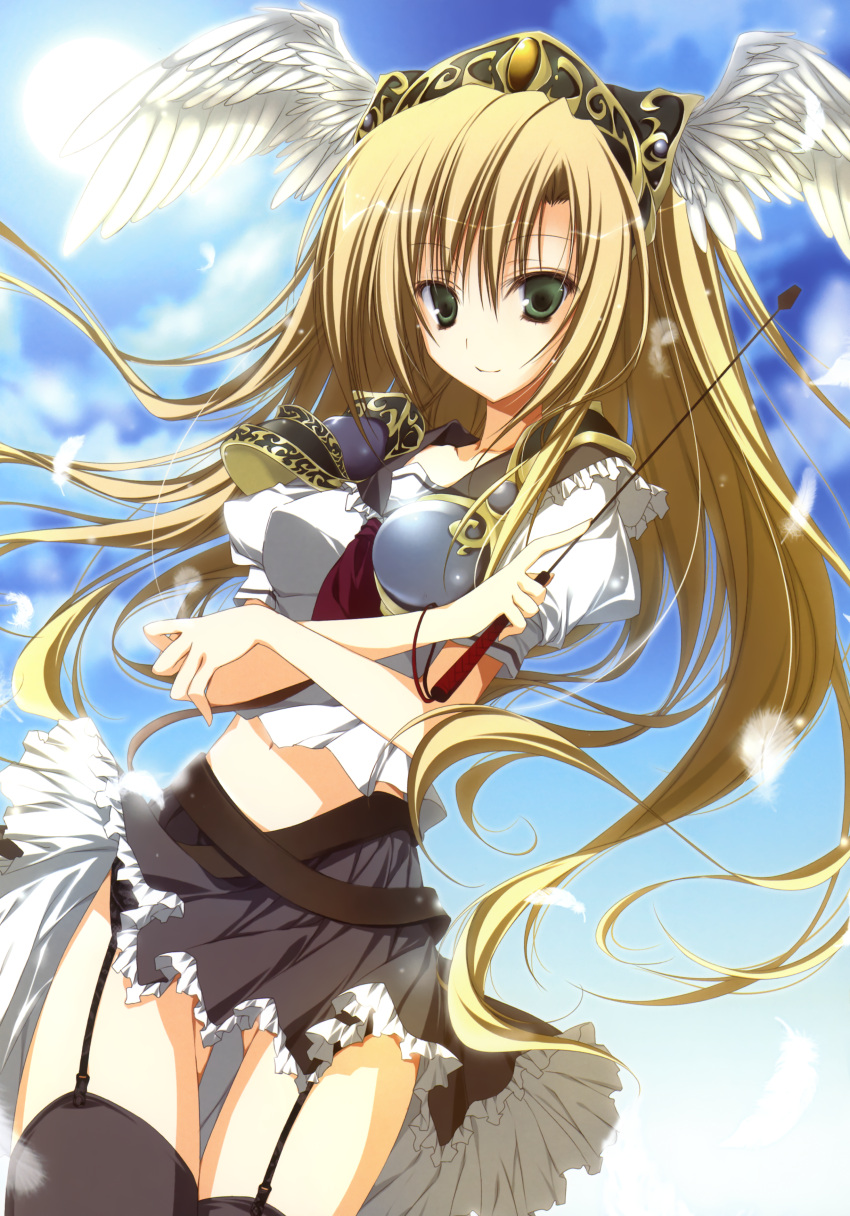 1girl, absurdres, armor, belt, black_legwear, blonde_hair, chest_plate, clouds